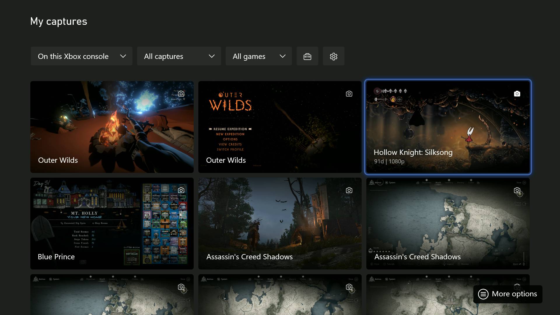 Xbox Series X My Captures menu gallery for gameplay clips and screenshots