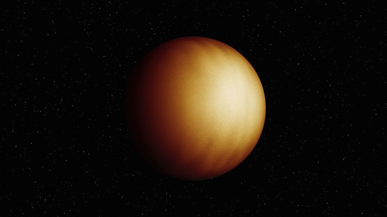 An illustration of a golden and red exoplanet in the darkness of space