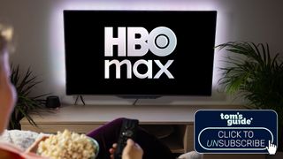 HBO Max logo on a television screen with Click to Unsubscribe graphic