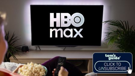 HBO Max logo on a television screen with Click to Unsubscribe graphic