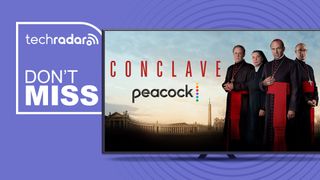 A TV showing the cover art for the movie Conclave next to the words 'TechRadar, don't miss' 