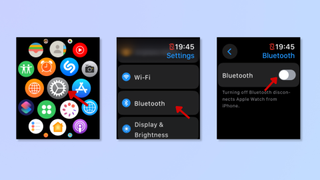 The first screenshot shows the apps on the Apple Watch, with a red arrow pointing at the Settings app. The second screenshot shows the Settings app on the Apple Watch, with a red arrow pointing at Bluetooth. The third screenshot shows the Bluetooth option with a toggle switch and a red arrow pointing at it. 