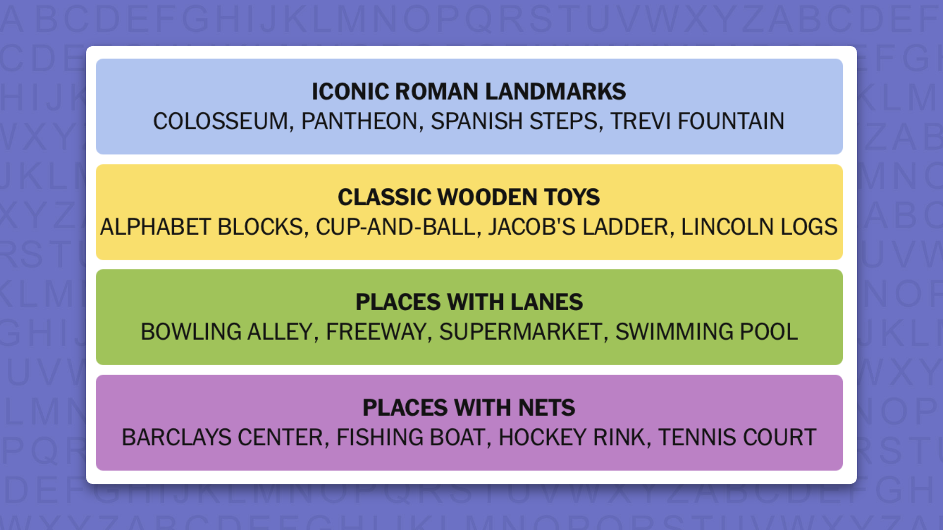 NYT Connections answers for game 1152 on a purple background