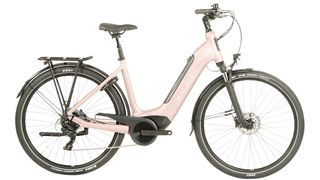 Raleigh Motus Tour in light pink with a low step-through frame