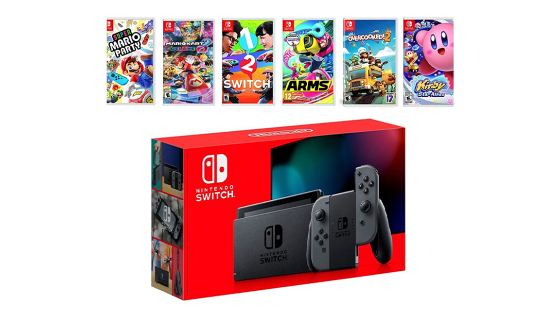Photo de la boîte et des jeux de la console Nintendo Switch