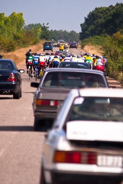 The view from the Benin team car. The Beninese team drew the second spot in the caravan lottery, but they will move to the back of the caravan after European teams dominated the opening stage.