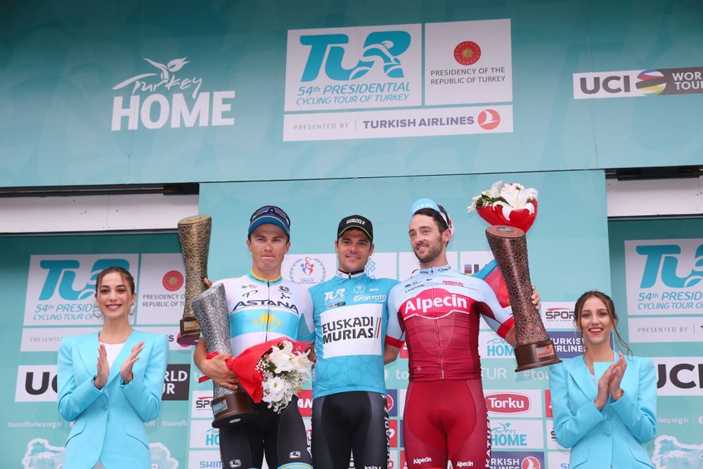 The 2018 Tour of Turkey podium (l-r): Alexey Lutsenko (Astana), Eduard Prades (Euskadi-Murias) and Nathan Haas (Katusha-Alpecin)