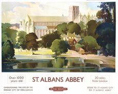 A post of about 1953 bu Claude Buckle, advertising visiting St Albans by rail. Credit: Christie's Images/Bridgeman