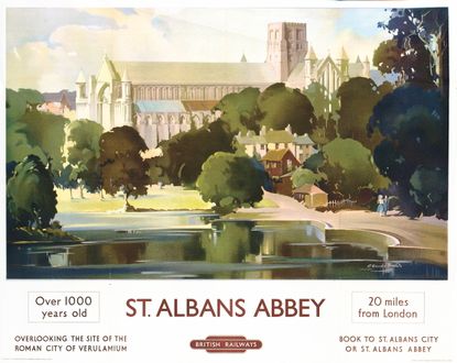 A post of about 1953 bu Claude Buckle, advertising visiting St Albans by rail. Credit: Christie's Images/Bridgeman