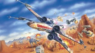 An X-wing being chased by TIE fighters in Star Wars: Rogue Squadron