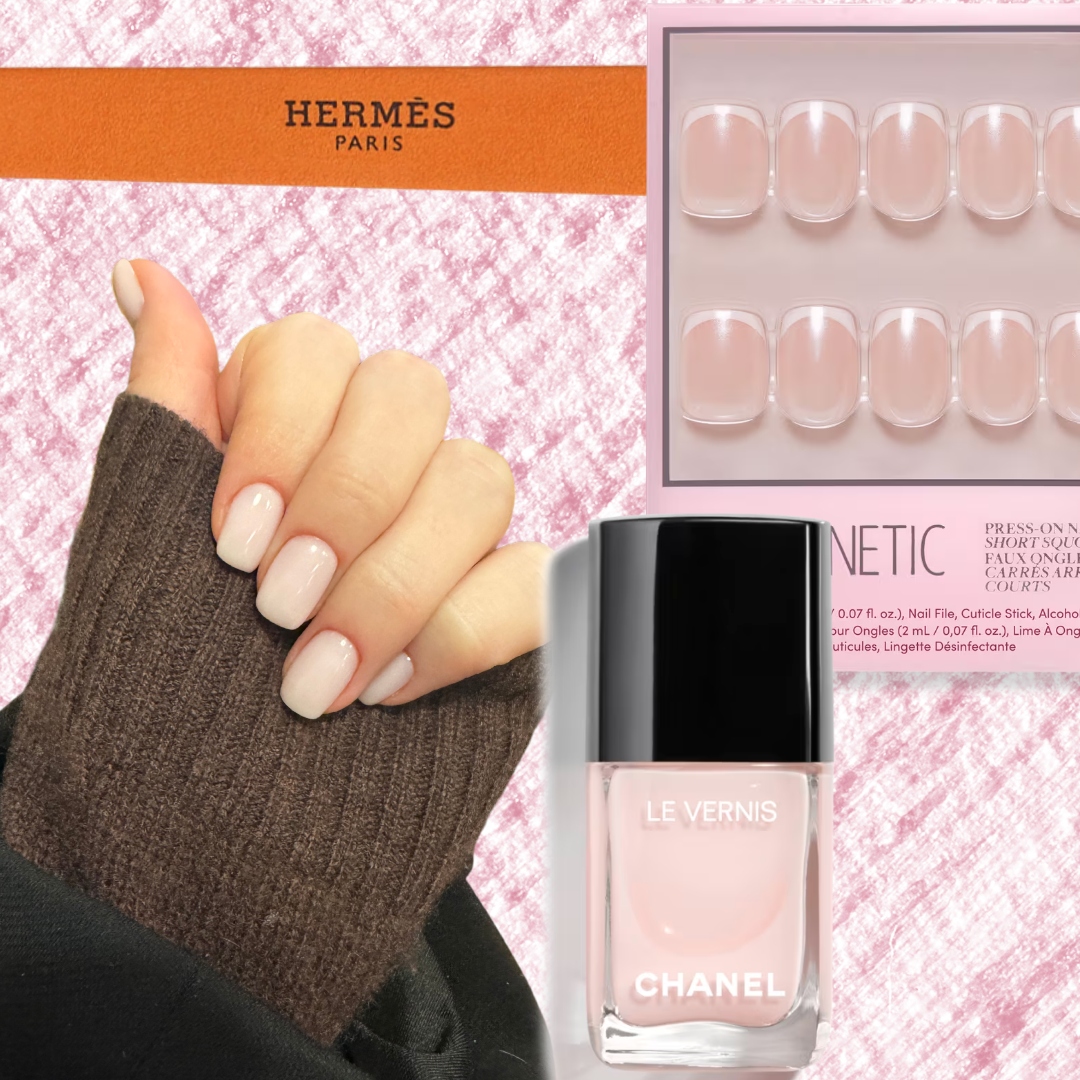 hand with squoval pink manicure on a pink background with a nail file, chanel polish and squoval press ons 