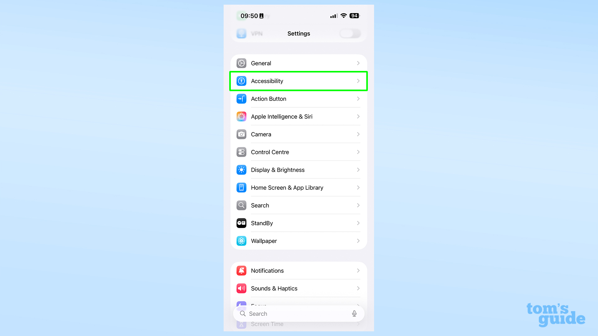 iOS 26.1 Settings app, with Accessibility highlighted