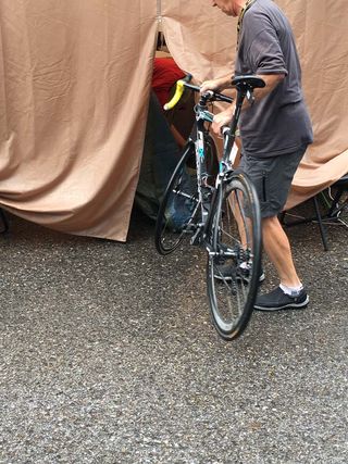 Into the tent with this bike to be checked for mechanical doping after stage 9 of the Tour de France.