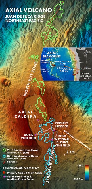 This depth map shows the raised outer edge (dark red) of the Axial Seamount’s central caldera. Lava from the new 2015 eruption, at the northeast corner of the caldera and to the north, is outlined in green. Lava from the 2011 eruption is outlined in blue.