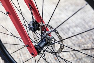 Image shows disc brakes on a bike for commuting.