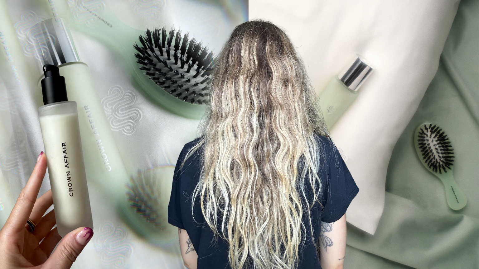Hannah Baxter's hair on a green and white background with crown affair products