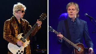 Left–Andrew Watt performs onstage during the 68th GRAMMY Awards on February 01, 2026 in Los Angeles, California; Right–Paul McCartney performs on the Pyramid stage during Glastonbury Festival