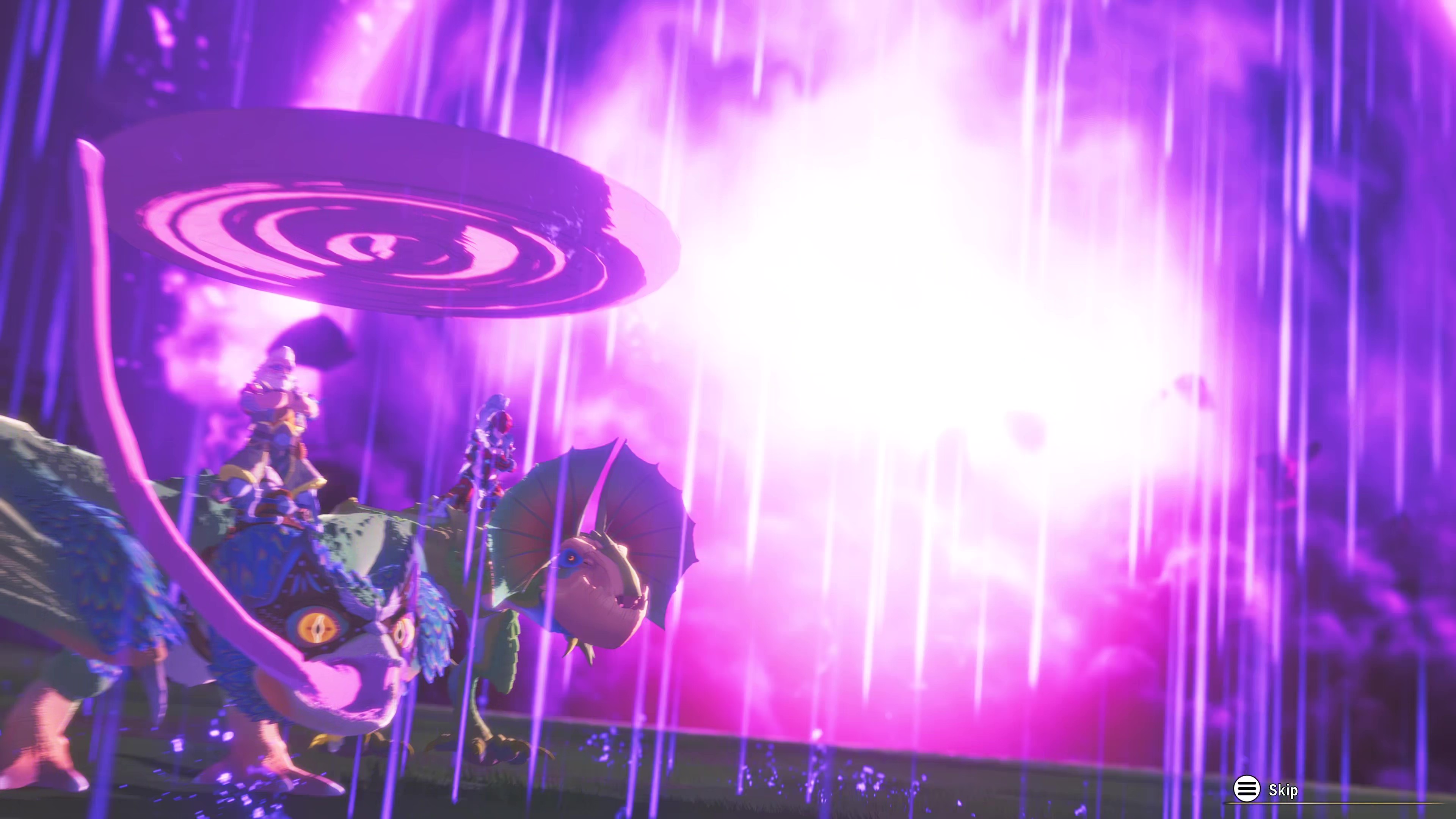 In-game screenshot of the Ogden and Chirpy's Double Kinship Skill attack with the player character in Monster Hunter Stories 3: Twisted Reflection.