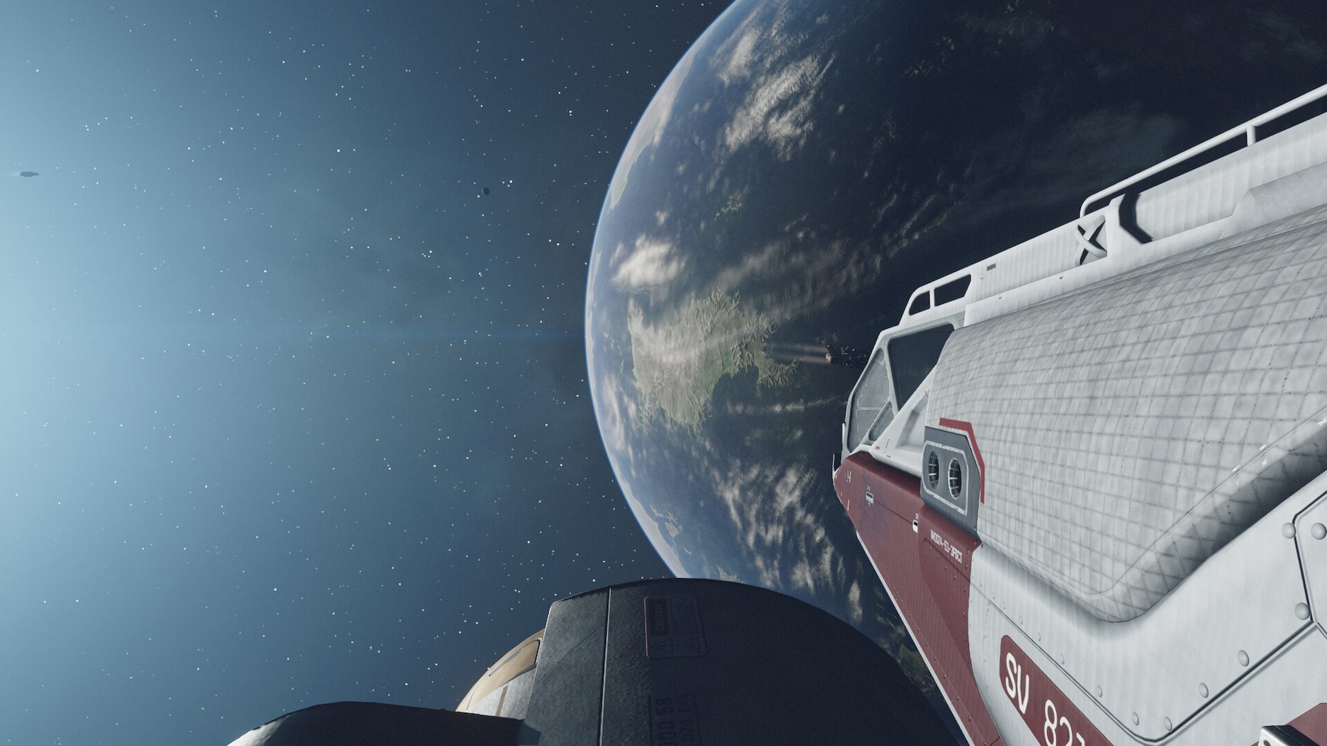 Side view from a space ship looking at a planet on Starfield.