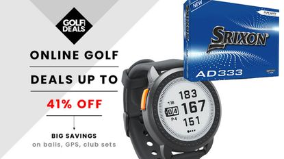 An array of products in front of an Online Golf deals banner