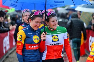 SIENA ITALY MARCH 01 LR Lauretta Hanson of Australia and Elisa Longo Borghini of Italy and Team LidlTrek during the Strade Bianche 2024 Team Presentation UCIWT UCIWWT on March 01 2024 in Siena Italy Photo by Luc ClaessenGetty Images