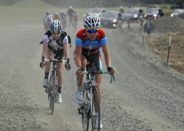 The riders faced a surprise dirt section due to roadworks