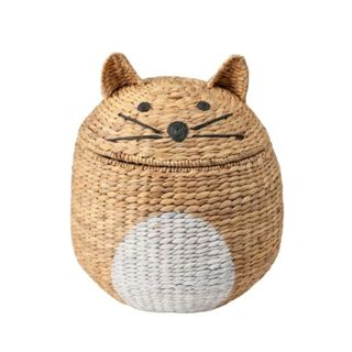 A cat-shaped woven storage basket