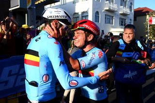 WOLLONGONG AUSTRALIA SEPTEMBER 25 Gold medalist Remco Evenepoel of Belgium L celebrates with Pieter Serry of Belgium L after the 95th UCI Road World Championships 2022 Men Elite Road Race a 2669km race from Helensburgh to Wollongong Wollongong2022 on September 25 2022 in Wollongong Australia Photo by Tim de WaeleGetty Images