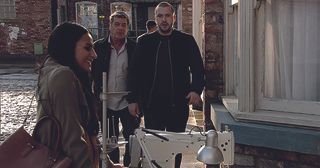 Johnny Connor and Aidan Connor see Alya Nazir and Beth Sutherland taking delivery of a second-hand sewing machine. Johnny recognises it as one stolen from Underworld in Coronation Street.