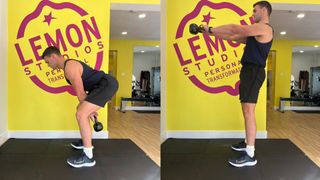 Sam Shaw demonstrates two positions of the kettlebell swing