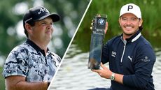 Patrick Reed looks on (left) while Ewen Ferguson holds up the BMW International Open trophy (right)