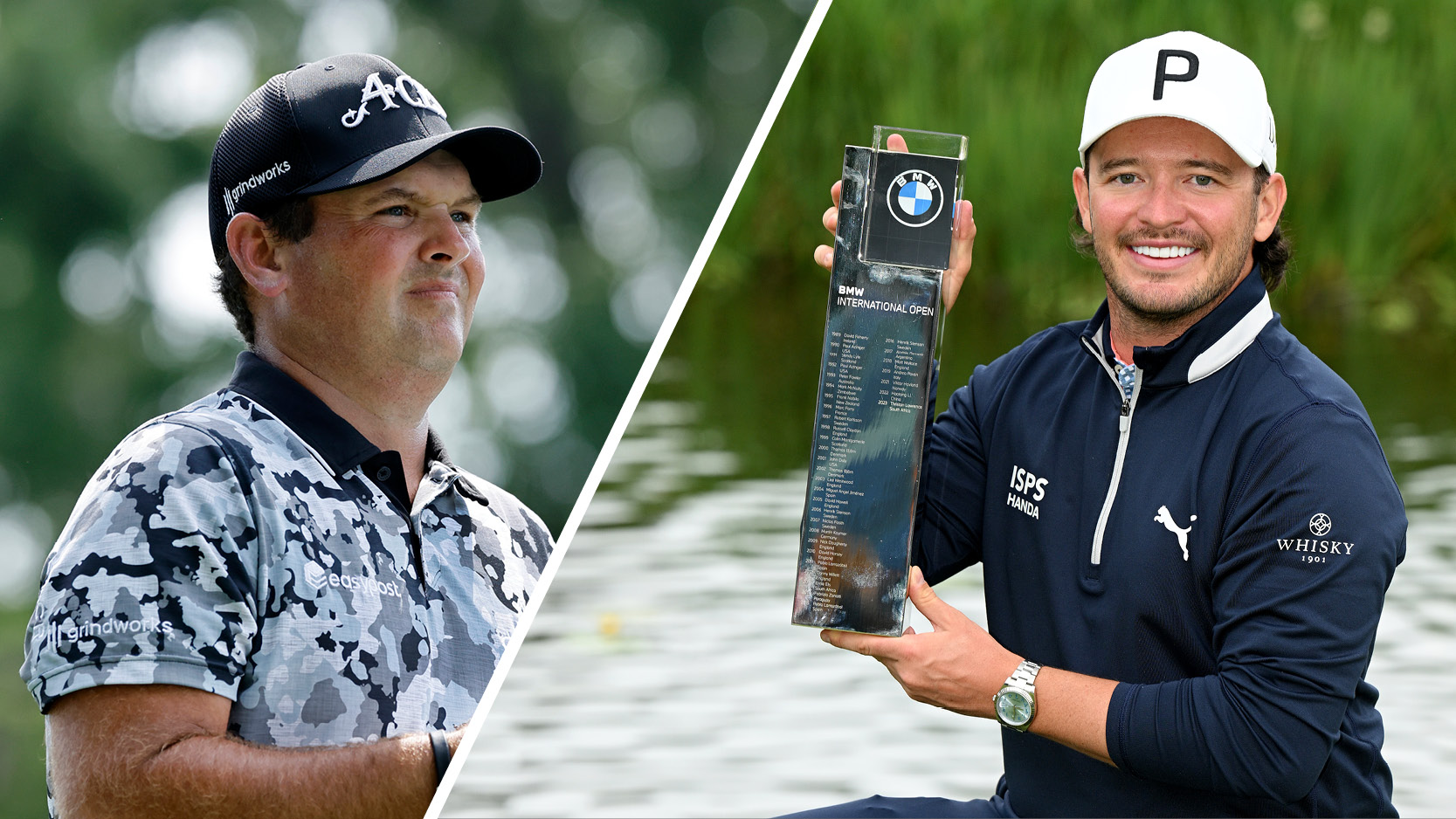Patrick Reed looks on (left) while Ewen Ferguson holds up the BMW International Open trophy (right)