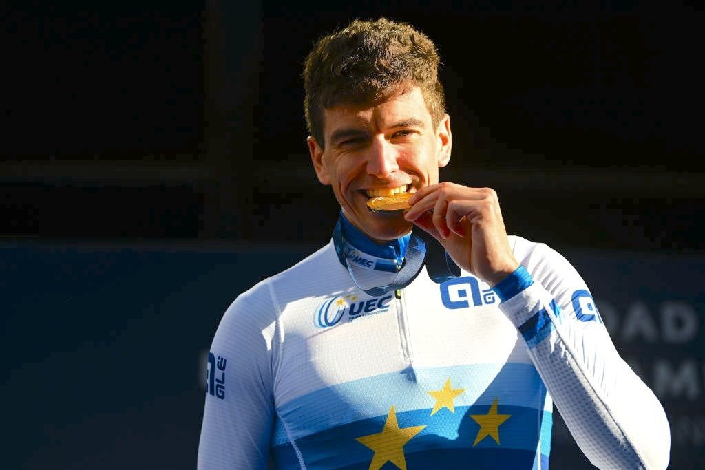 HASSELT, BELGIUM - SEPTEMBER 11: Gold medalist Edoardo Affini of Team Italy celebrates winning during the medal ceremony after the 30th UEC Road Cycling European Championships 2024, Men's Elite Individual Time Trial a 31.3km from Heusden-Zolder to Hasselt / #UCIWT / on September 11, 2024 in Hasselt, Belgium. (Photo by Luc Claessen/Getty Images)
