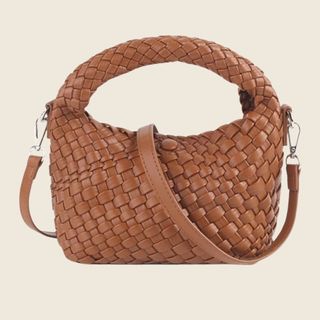 flat lay of brown woven small handbag 