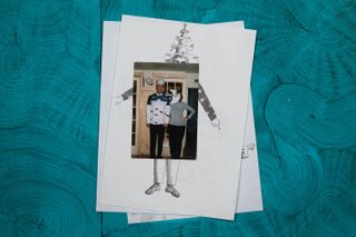 Photograph of Madelon Vriesendorp and Charles Jencks wearing the Cosmic Suit at The Cosmic House, with drawings of the design of the Cosmic Suit for Charles Jencks, c. 2009. Photo by Giulio Sheaves.