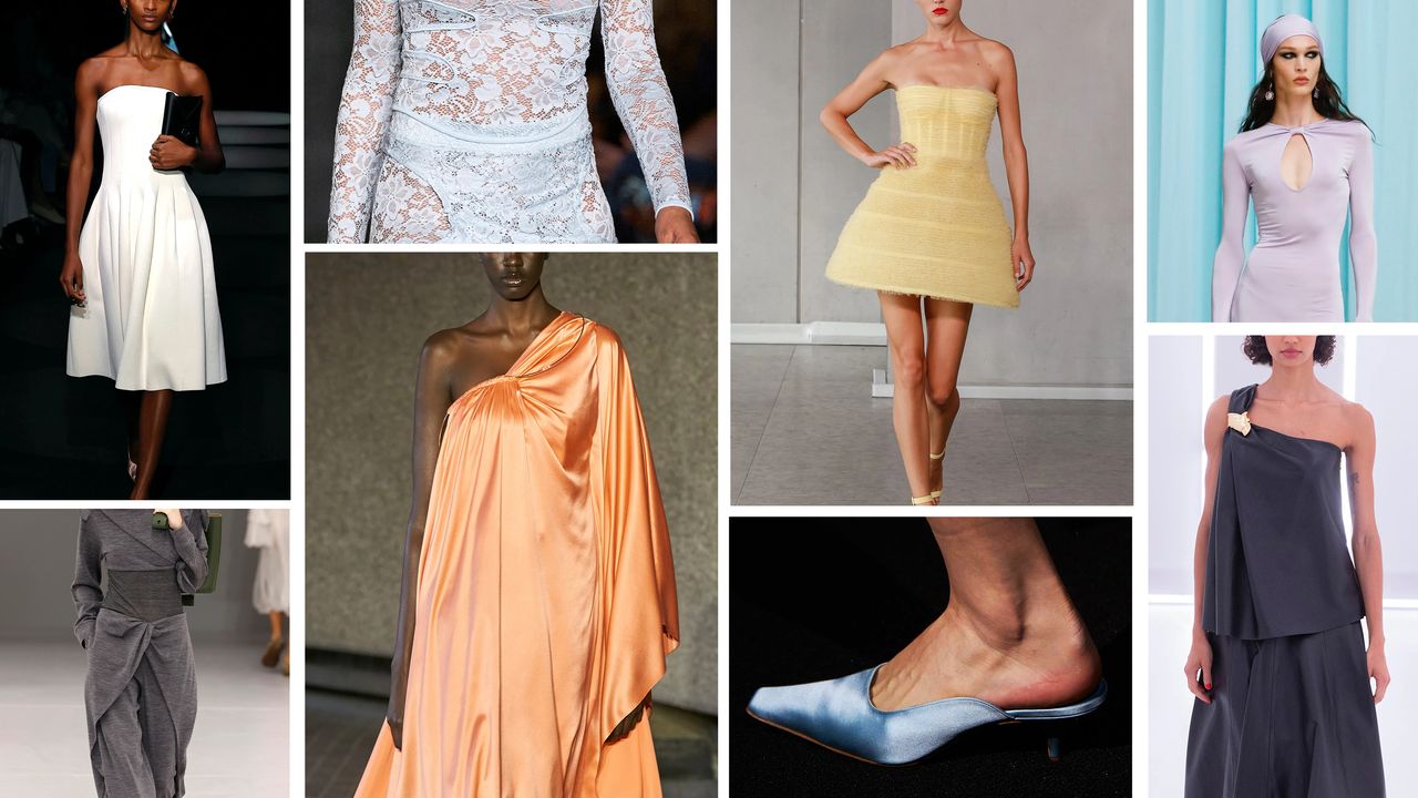 graphics of spring 2024 color trends, white, gray, butter yellow, pale lilac, glacial blue, apricot crush