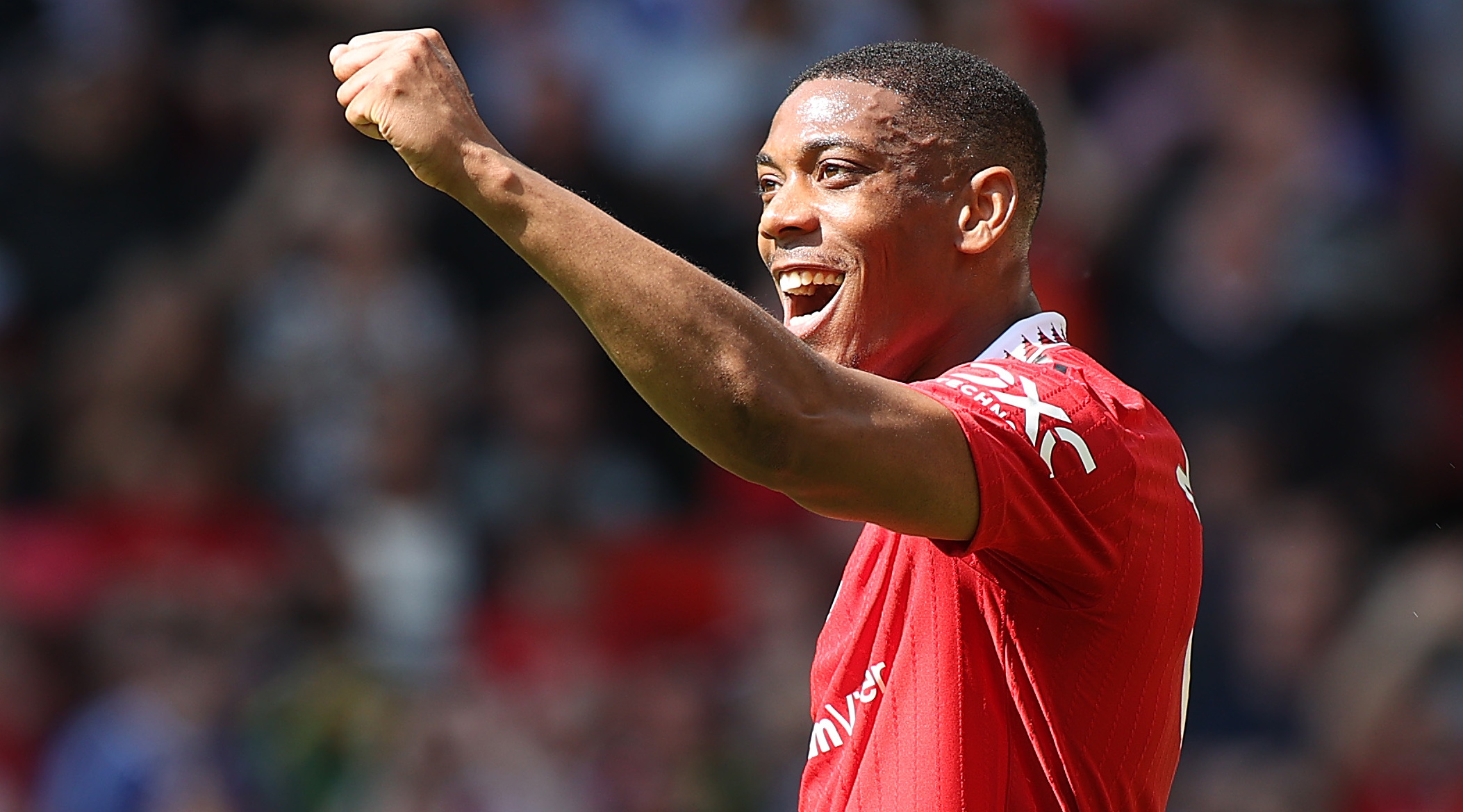 Anthony Martial of Manchester United celebrates after scoring his team's first goal during the Premier League match between Manchester United and Wolverhampton Wanderers at Old Trafford on May 13, 2023 in Manchester, England.