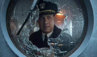 Greyhound Tom Hanks looking through broken glass
