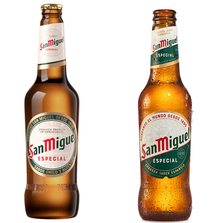 two bottles of San Miguel side by side with slightly different designs