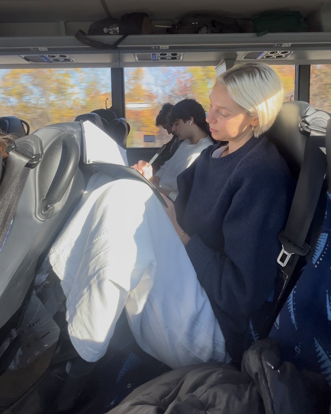 A woman journaling on a bus