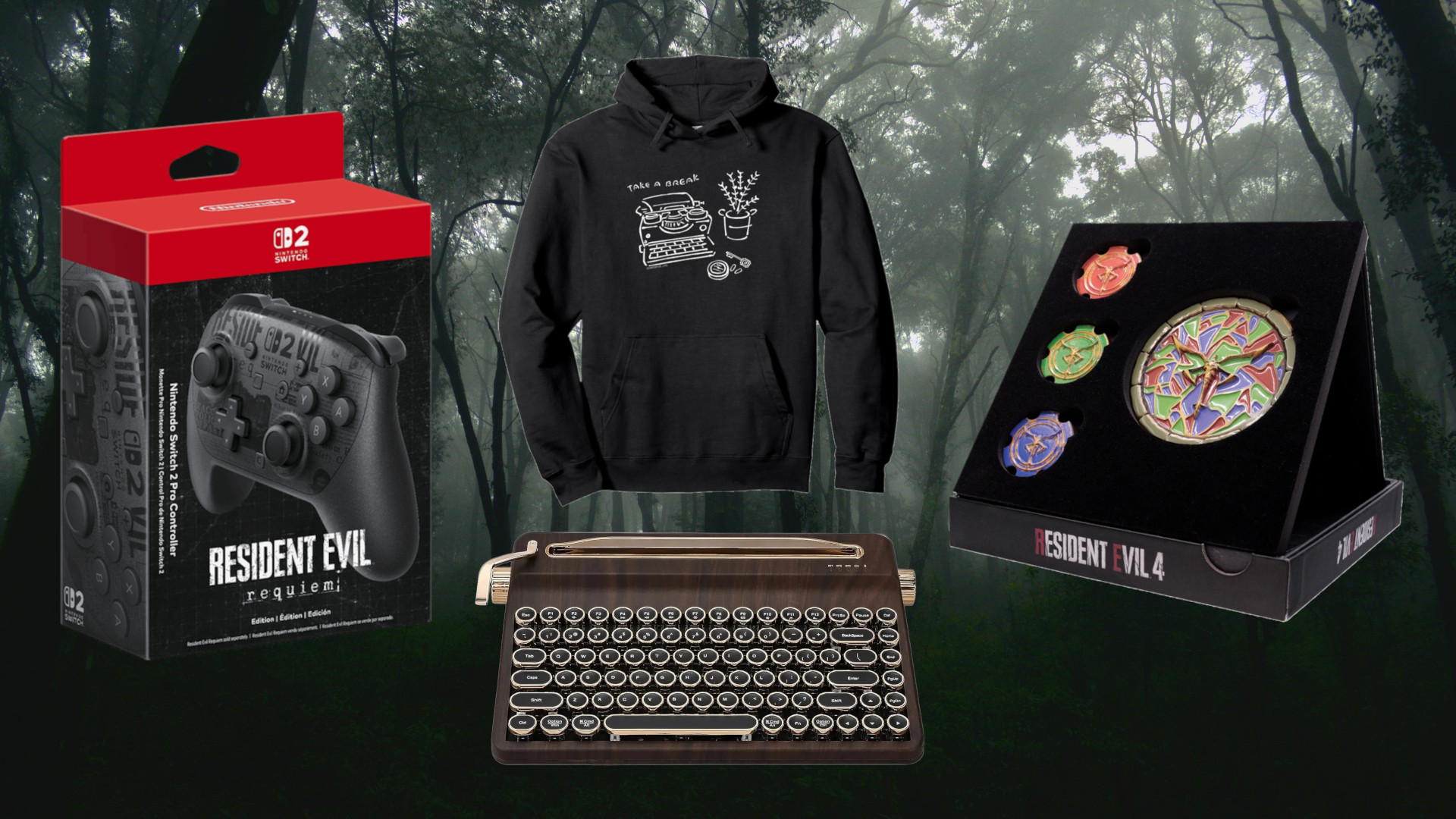 Resident Evil accessories and merch on a forest background