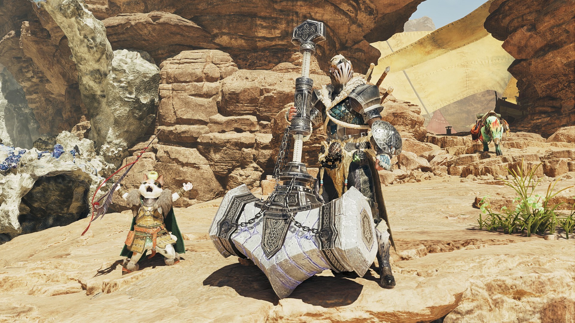 A hammer-wielding hunter in High Rank gear in Monster Hunter Wilds.