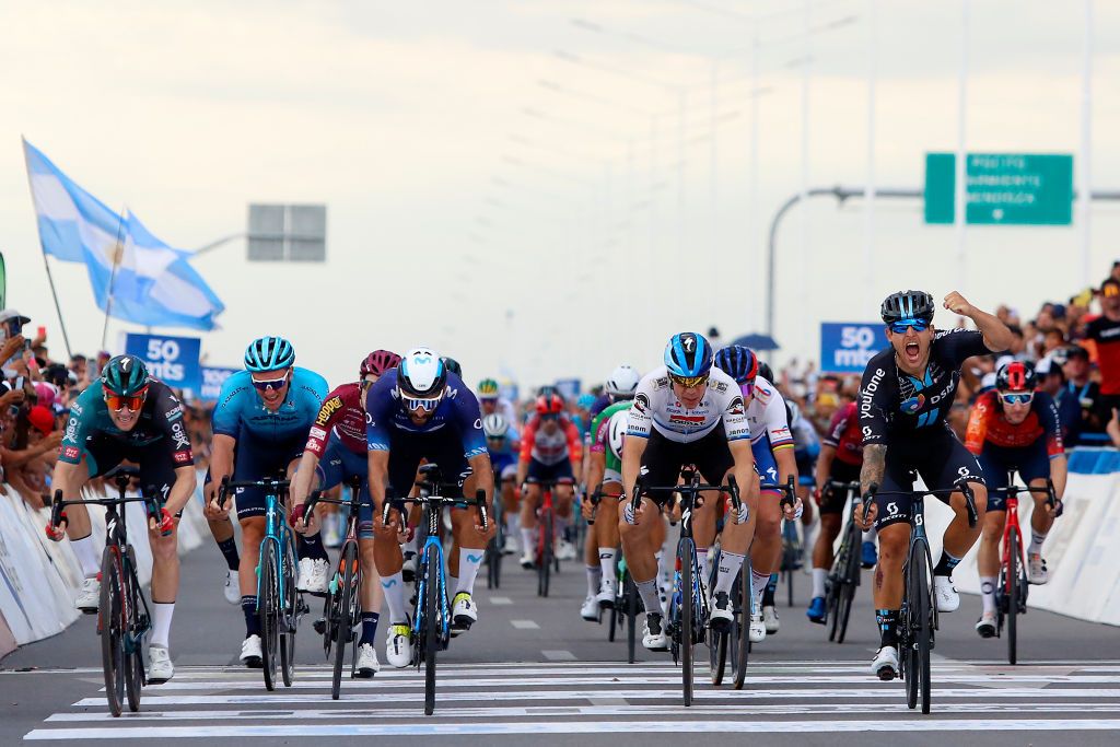 SAN JUAN ARGENTINA JANUARY 28 Sam Welsford Australia and Team DSM crosses the finish line as race winner ahead of Fabio Jakobsen of Netherlands and Team Soudal QuickStep Fernando Gaviria of Colombia and Movistar Team Gleb Syritsa of Rusia and Astana Qazaqstan Team during the 39th Vuelta a San Juan International 2023 Stage 6 a 1449km stage from Veldromo Vicente Chancay to Veldromo Vicente Chancay VueltaSJ2023 on January 28 2023 in San Juan Argentina Photo by Maximiliano BlancoGetty Images