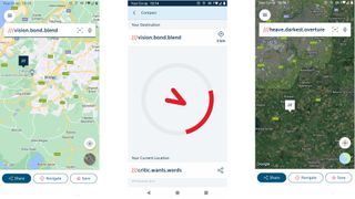 what3words navigation app screengrabs