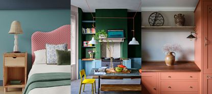 Three examples of paint trends 2023. Blue bedroom with red bed, bedside table and lamp. Green and blue painted kitchen. Pink painted kitchen cabinetry.