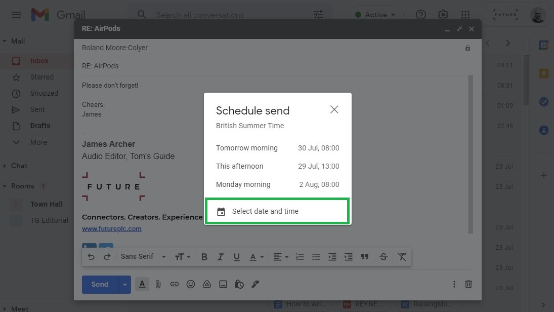 How to schedule an email in Gmail on desktop step 4: Click a preset time, or click Select date and time to schedule manually