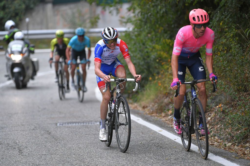 Woods and David Gaudu (Groupama-FDJ) on the move later on the climb
