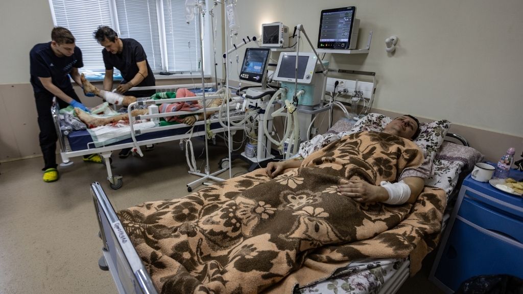 People receive medical attention in a hospital after an attack by Russian forces on March 8, 2022 in Kyiv, Ukraine.