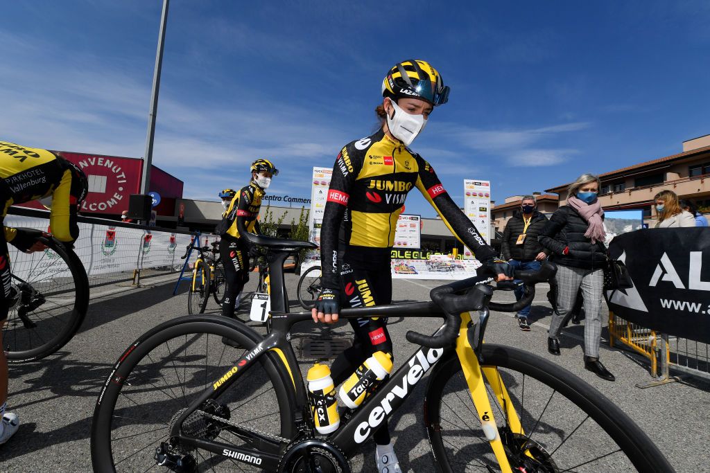 CITTIGLIO ITALY MARCH 21 Start Marianne Vos of Netherlands and Team Jumbo Visma during the 45th Trofeo Alfredo BindaComune di Cittiglio 2021 Womens Elite a 1418km stage from Cocquio Trevisago to Cittiglio 257m Mask Covid safety measures Team Presentation TrBinda UCIWWT on March 21 2021 in Cittiglio Italy Photo by Tim de WaeleGetty Images