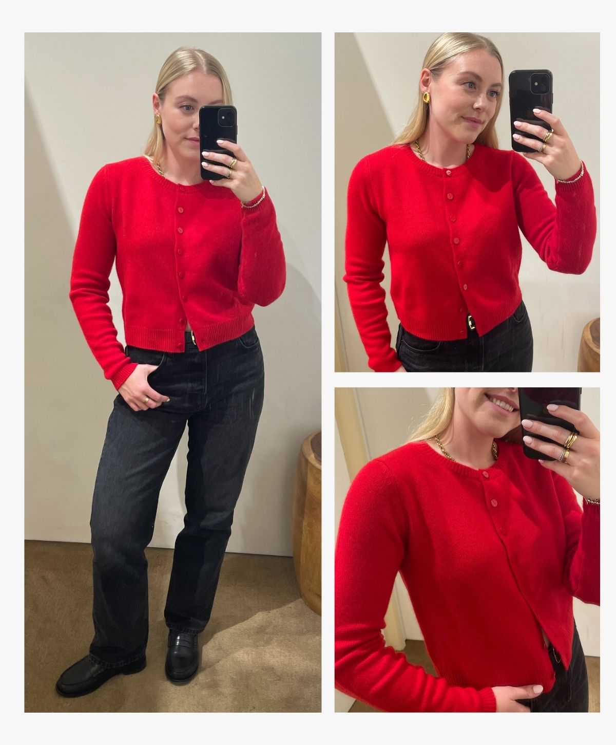 Woman wears red cardigan, black jeans and black loafers